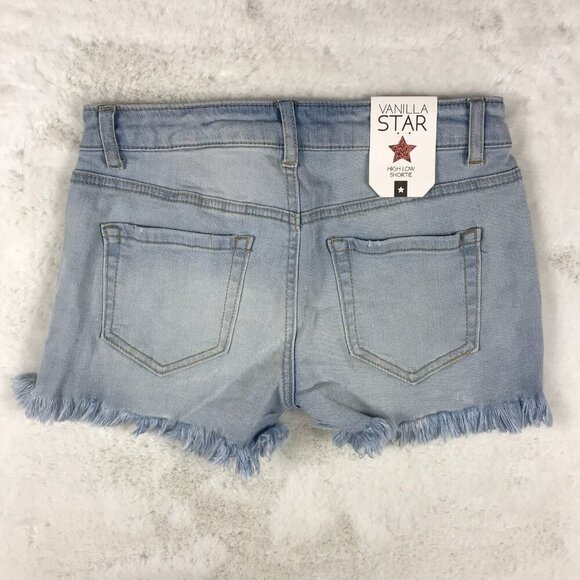 VANILLA STAR Distressed Light Blue Embroidered Pocket Hi-Low Jean Shorts 11 - Picture 5 of 8